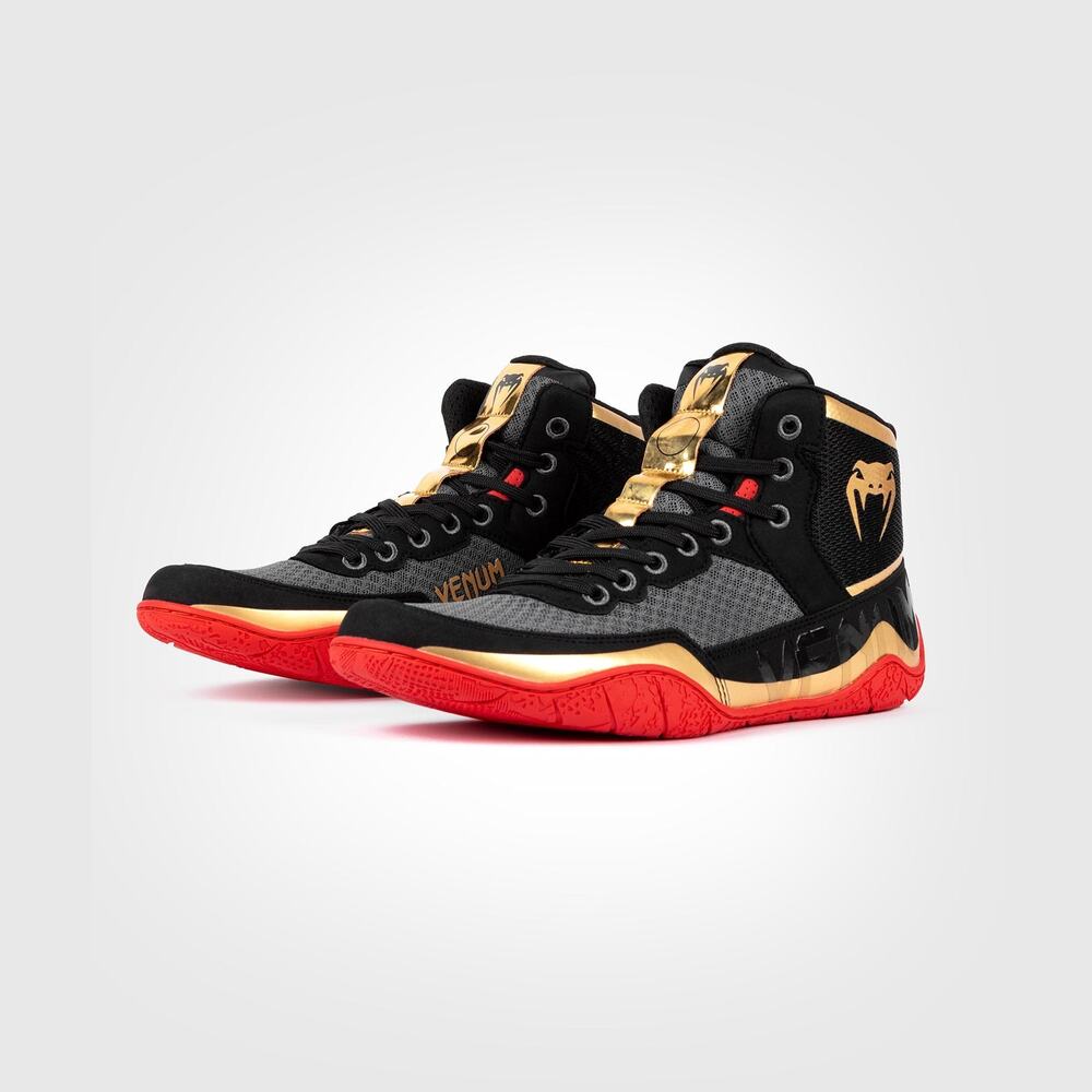 Venum Elite Wrestling Shoes Kids 5.5 Black Gold Red VENUM-05083